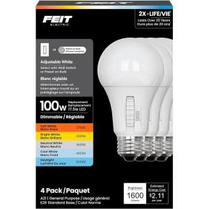 Feit Electric A19 Adjustable White LED Light Bulb, 100W Equivalent, 1600 Lumens, 5 Color Select (2700K–5000K), Dimmable, 90+ CRI, 25,000-Hour Lifetime, Indoor Lighting, OM100DM/6WYCA/4, 4 Pack