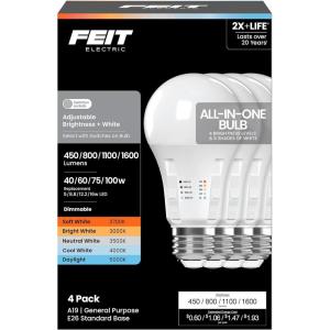 Feit Electric A21 All-in-One LED Light Bulb, 100W Equivalent, 4 Brightness Levels, 5 Selectable White Color Temperatures 2700K–5000K, E26 Base, Switch-Adjustable, Dimmable, OM100LSDM/5CCTCA/4, 4 Pack