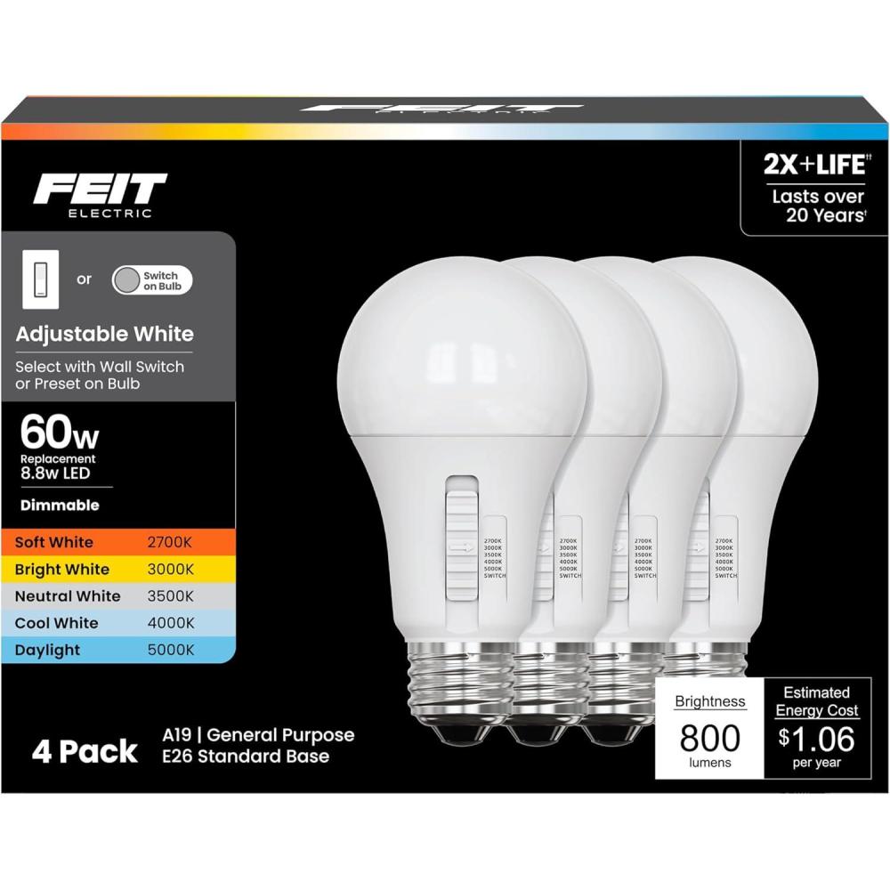 image:imageFeit Electric A19 Adjustable White LED Light Bulb 60W Equivalent 800 Lumens 5 Color Select 2700K5000K Dimmable 90 CRI 25000Hour Lifetime Indoor Lighting OM60DM6WYCA4 4 PackAdjustable White